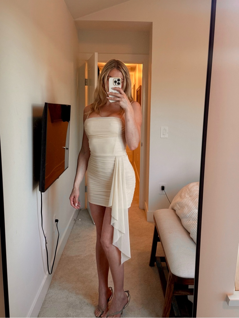 Fashion Nova Cream Ruched Mini Dress with Draped Sash